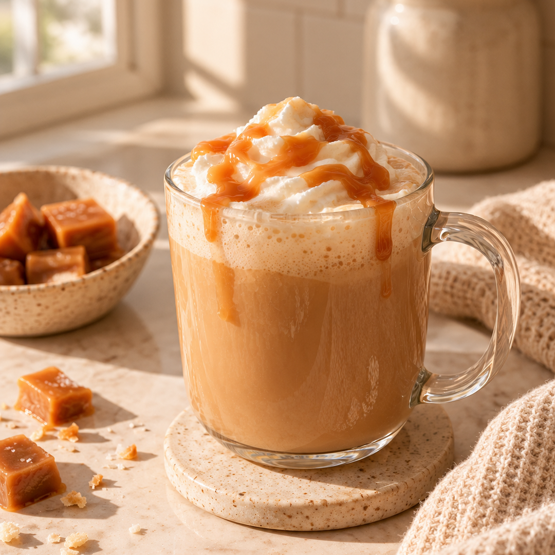 A frothy caramel latte in a clear glass mug with a handle, topped with whipped cream and caramel drizzle, sitting on a coaster on a countertop with caramel pieces nearby.