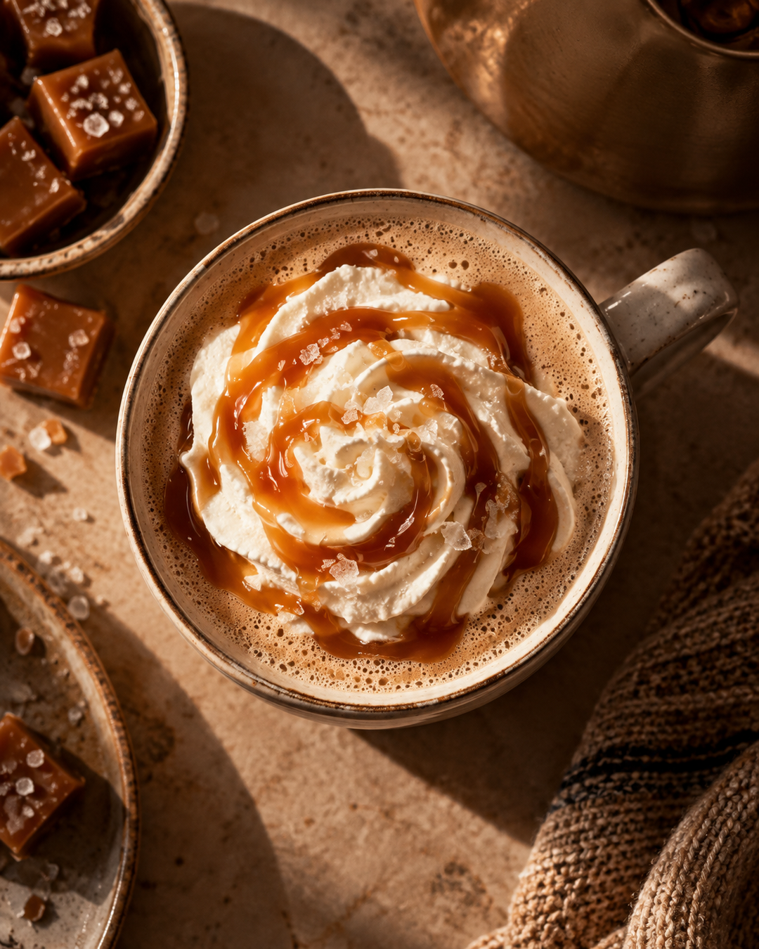 A top-down view of a frothy hot chocolate or latte topped with whipped cream and caramel sauce in a speckled ceramic mug, surrounded by caramel candies and a textured cloth on a warm stone surface.