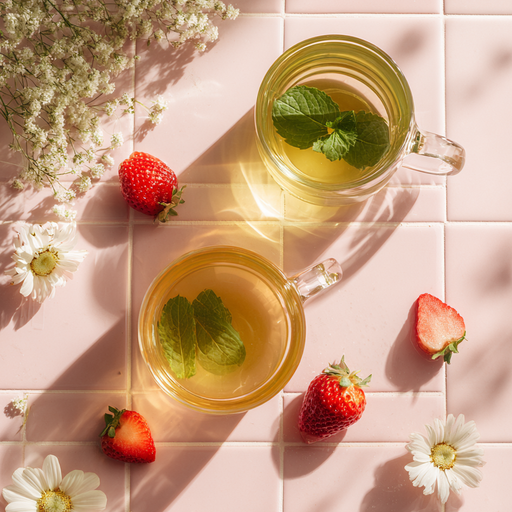 Two glass cups of tea with strawberries and flowers on a pink tiled surface