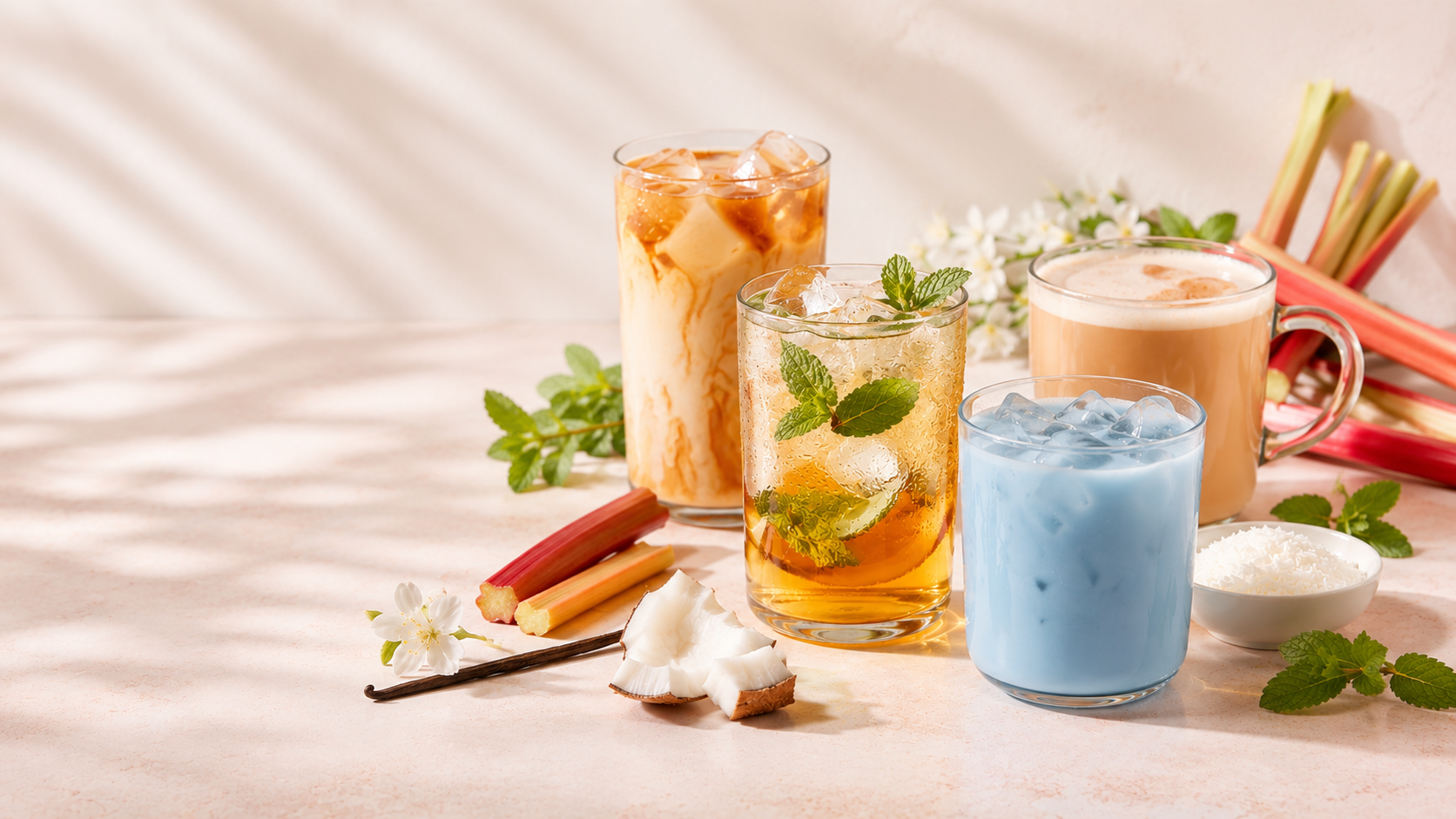 Assorted iced beverages with rhubarb and mint leaves on a wooden surface.