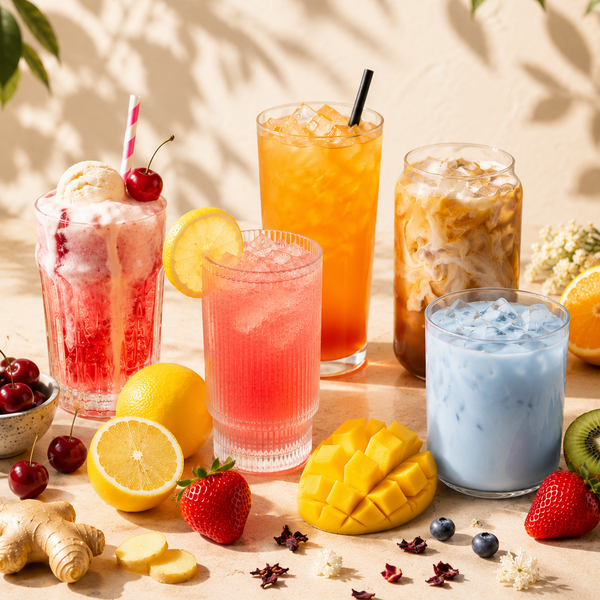 Four colorful iced drinks in clear glasses arranged on a tabletop with fresh fruit and herbs around them. The drinks include a pink strawberry iced milk, an orange citrus drink, an iced coffee, and a light blue milk-based beverage.