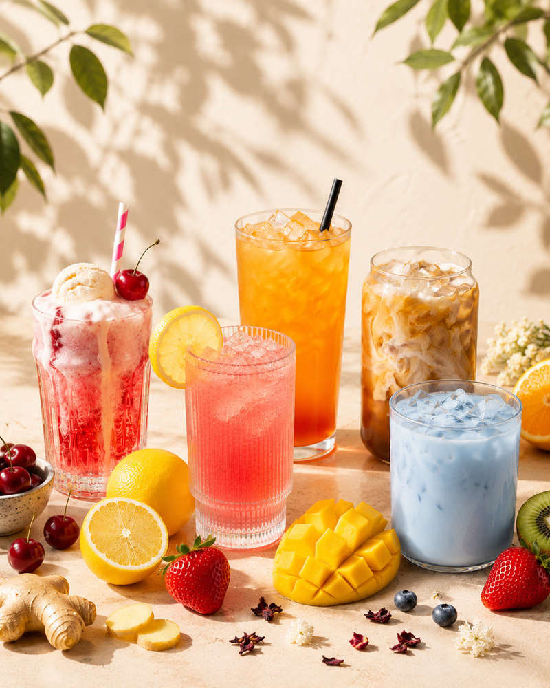 Four colorful iced drinks in clear glasses arranged on a tabletop with fresh fruit and herbs around them. The drinks include a pink strawberry iced milk, an orange citrus drink, an iced coffee, and a light blue milk-based beverage.
