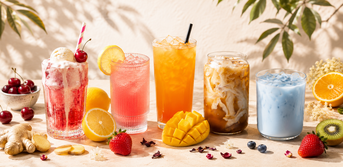 Five colorful iced and frozen drinks arranged on a table with fruit and herbs around them. The drinks include a pink strawberry milkshake with whipped cream and cherry garnish, a pink drink with a lemon slice, an orange drink, an iced coffee or tea with cream swirl, and a light blue frozen drink.