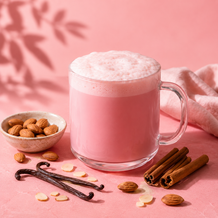 A frothy pink beverage in a clear glass mug with a handle, styled on a pink surface with almonds, vanilla beans, cinnamon sticks, and a small bowl of almonds. Soft shadow overlays and a pink cloth appear in the background.