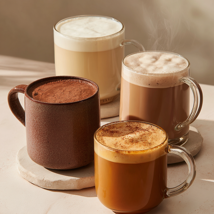 Four cups of hot beverages on a wooden surface with a neutral background