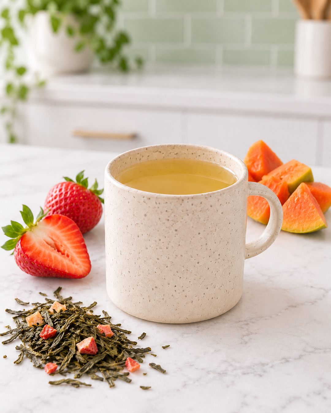 A speckled cream ceramic mug filled with tealish green  tea sits on a white marble countertop, surrounded by loose green tea leaves, fresh strawberries, and orange guava slices. The background shows a softly blurred kitchen setting with light green subway tiles.