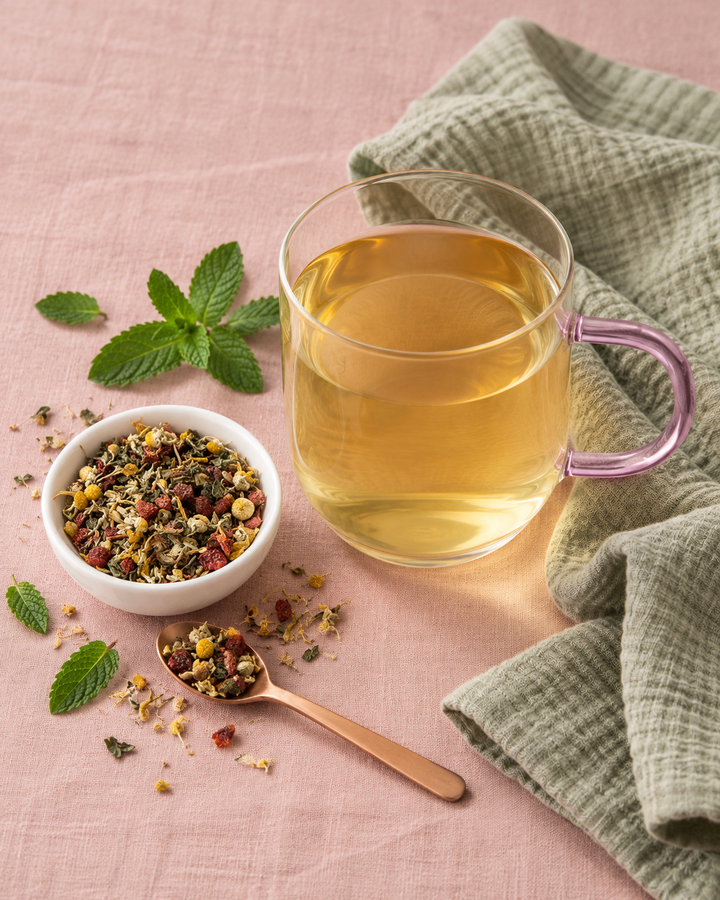 A clear glass mug filled with pale golden tea sits on a pink fabric surface beside a small white bowl of loose herbal tea, a wooden spoon with tea pieces, mint leaves, and a folded green cloth.