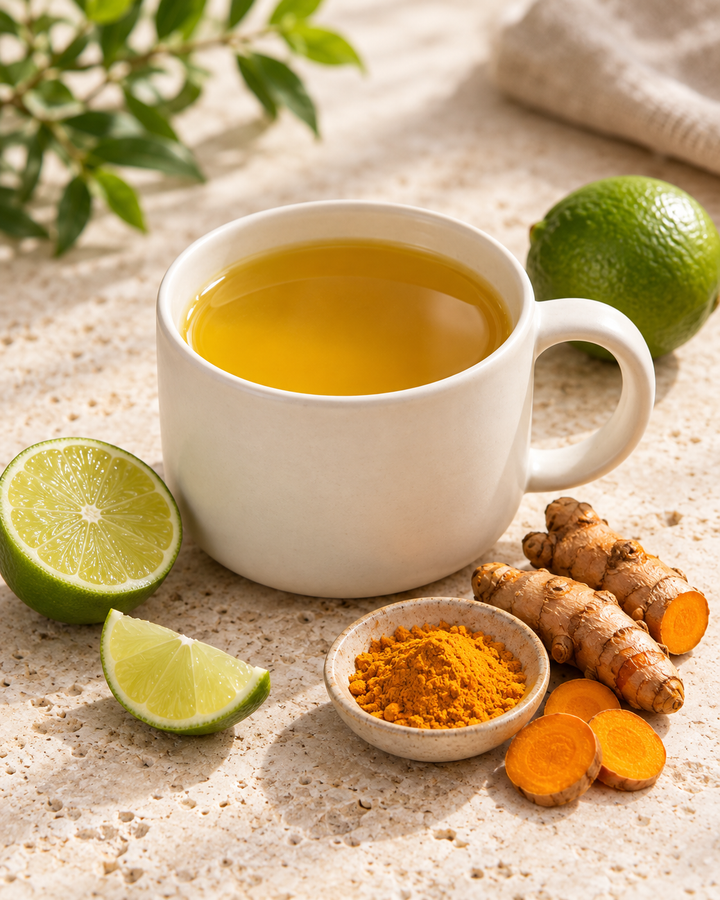 A white ceramic mug filled with a golden turmeric lime green tea, styled on a textured beige stone surface with fresh ingredients including a whole lime, a sliced lime wedge, turmeric root pieces, a small bowl of bright yellow turmeric powder, and green leaves in the background.