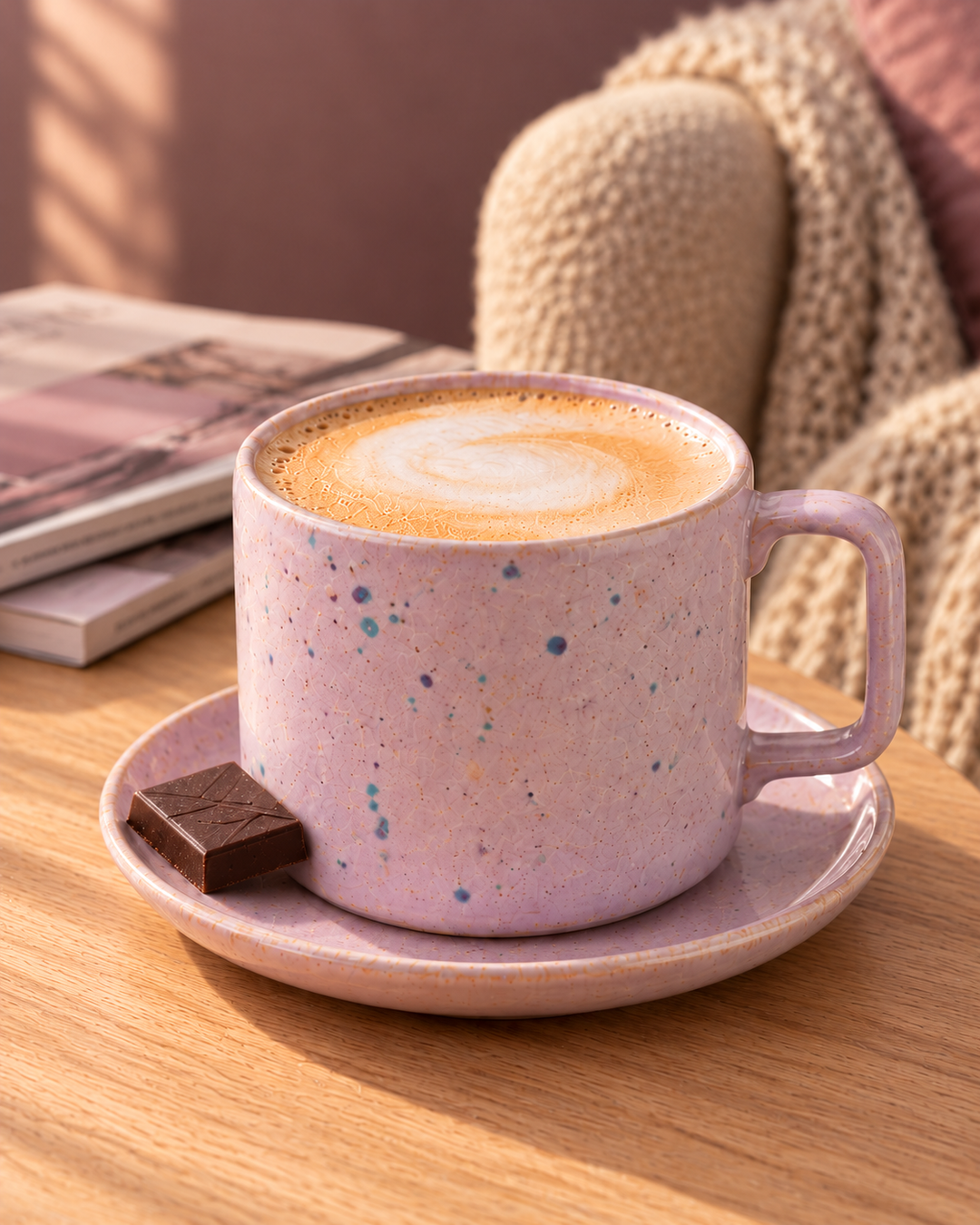 A pastel pink speckled ceramic coffee mug filled with a rooibos tea latte, sitting on a matching saucer on a wooden table with a chocolate piece and a cozy knitted blanket in the background.