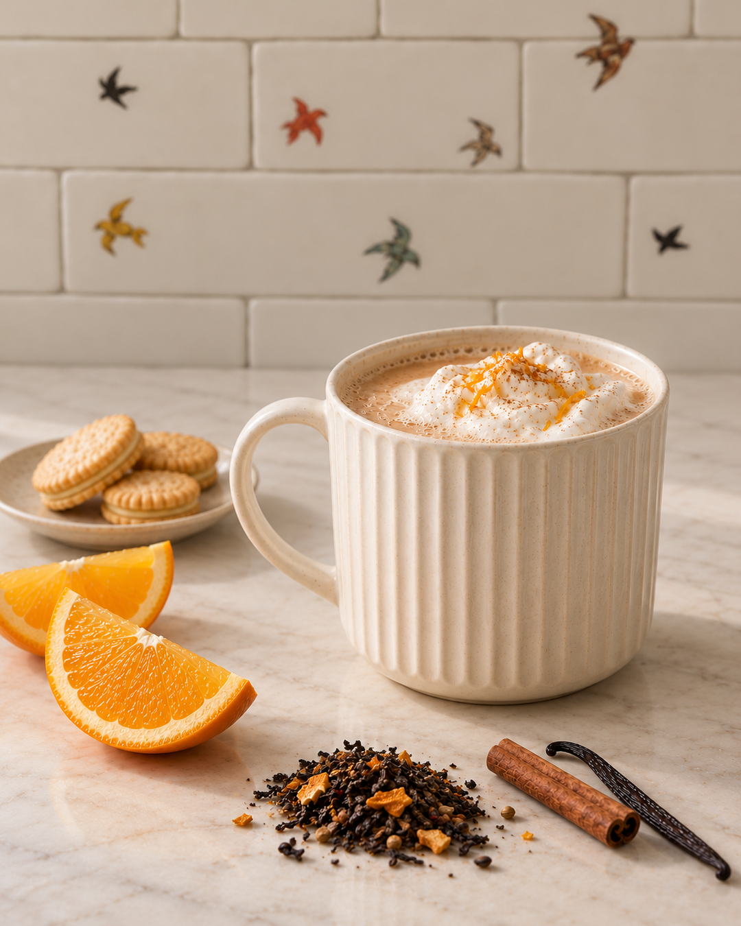 A ribbed cream mug filled with a frothy black tea latte topped with whipped cream and orange zest, set on a marble surface with orange slices, loose tea, a cinnamon stick, a vanilla bean, and small cookies. White subway tiles with bird decals are in the background.
