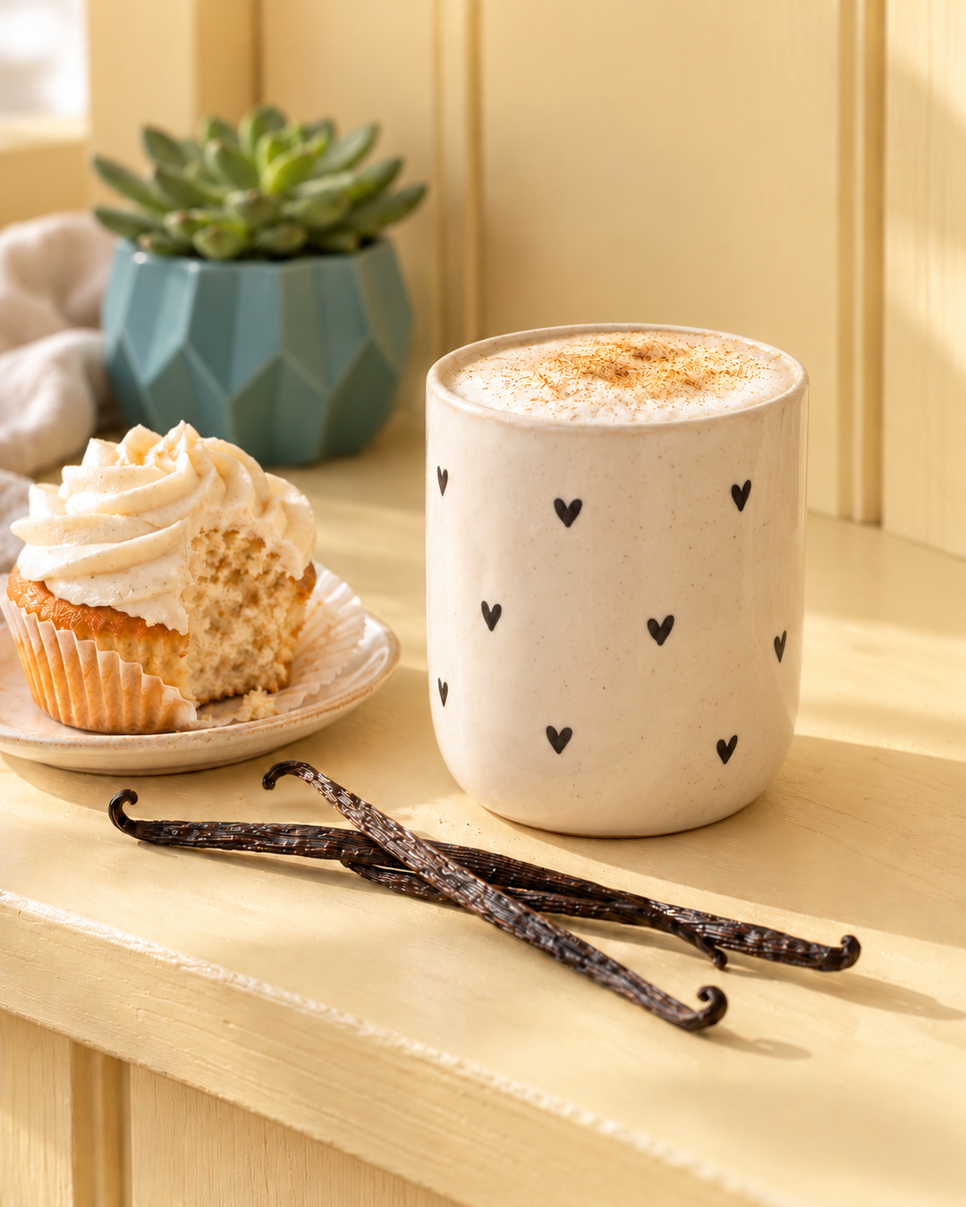 A beige ceramic mug with small black heart patterns, filled with a frothy hot drink and topped with a sprinkle of cinnamon, set on a light wooden table next to a partially eaten cupcake and vanilla beans.