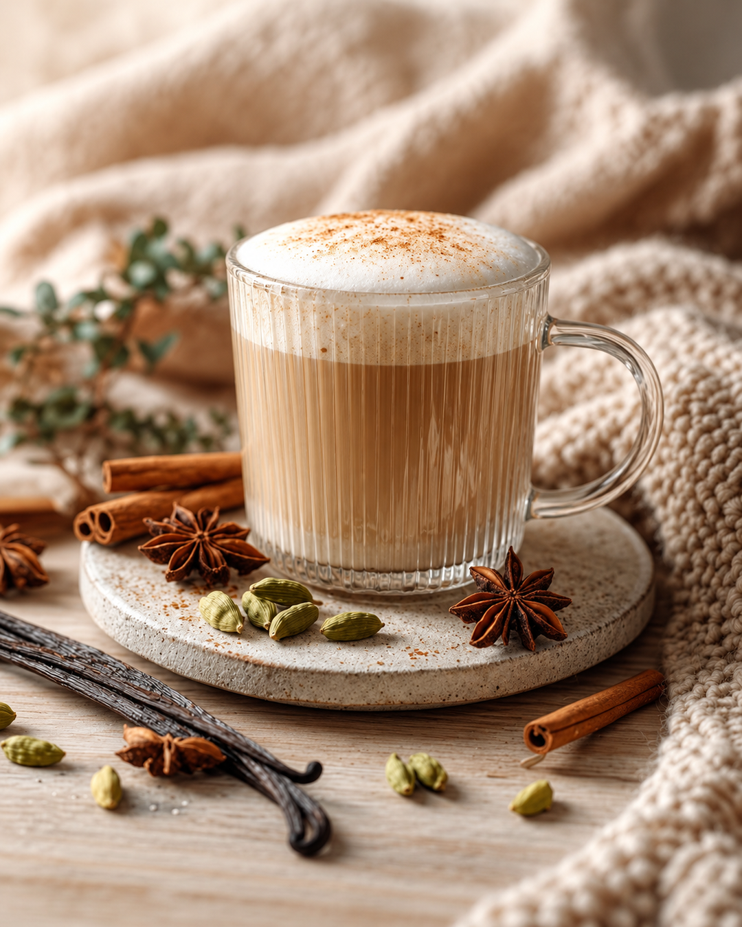 A frothy chai latte in a ribbed clear glass mug sits on a round stone coaster, surrounded by cinnamon sticks, star anise, cardamom pods, vanilla beans, and a knitted beige blanket on a wooden surface.