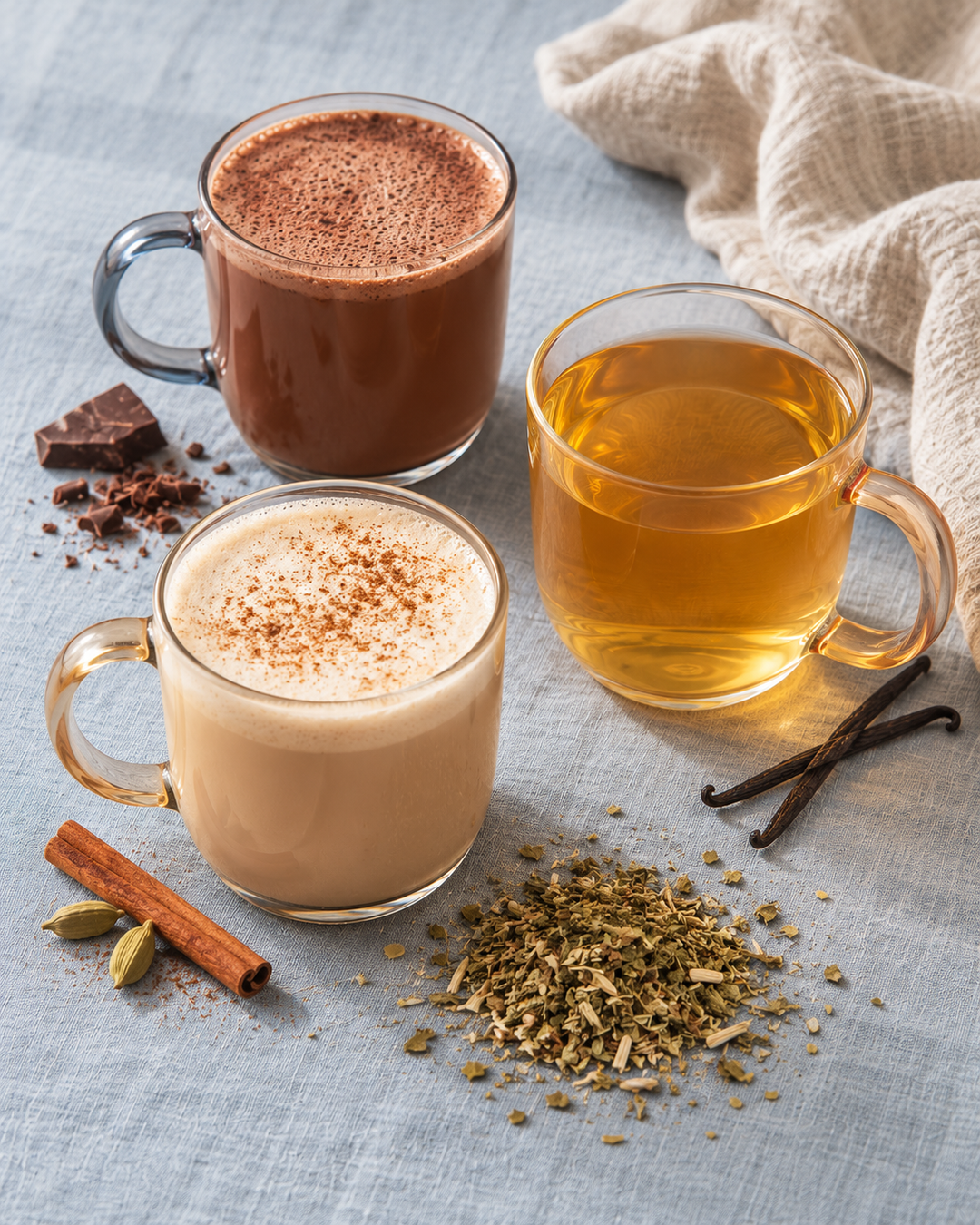 Three clear glass mugs filled with hot beverages on a light blue-gray fabric surface: a brown drink topped with cocoa powder, a beige drink topped with foam and cinnamon, and an amber tea drink. Spices, dried herbs, chocolate pieces, and a beige cloth are arranged around them.