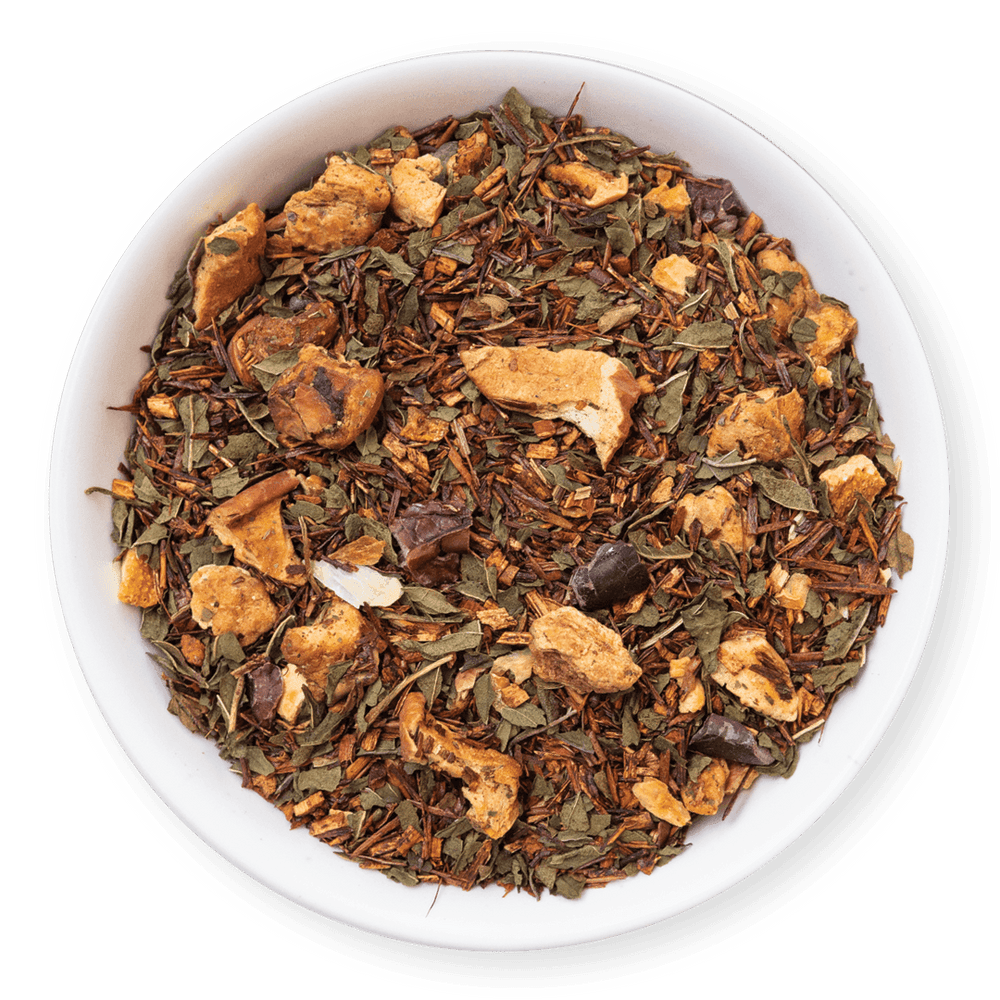 tealish chocolate mint rooibos tea. loose leaf tea. chocolate mint dessert tea. caffeine free herbal tea. perfect for making a tea latte. 
