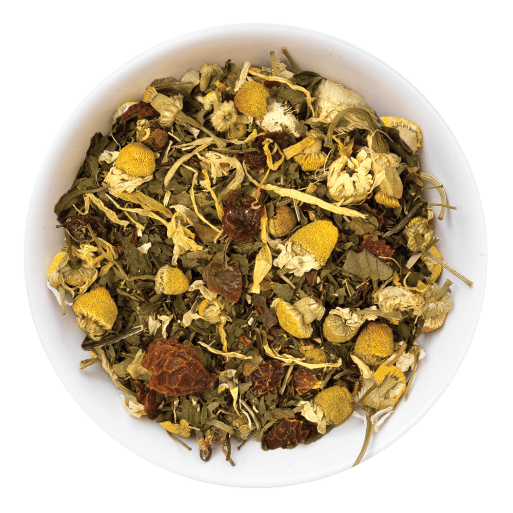 tealish tummy tamer herbal tea. loose leaf tea with chamomile and peppermint. tea for digestion. tea for calming. 