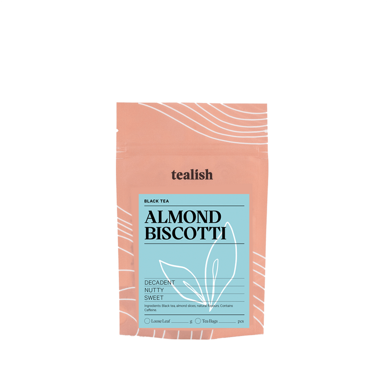 tealish almond biscotti black tea. loose leaf tea. breakfast tea, dessert tea, roasted almond tea, vanilla tea. perfect for making a tea latte. 