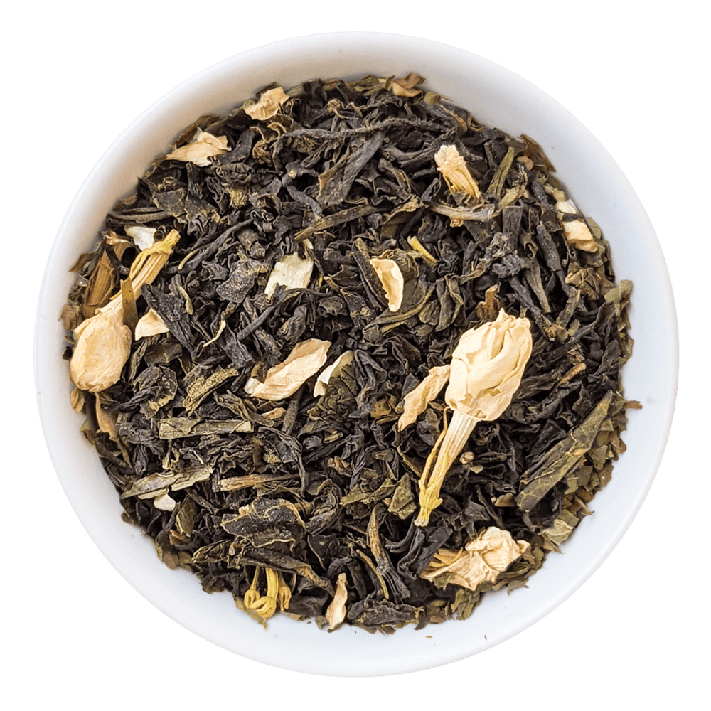 A picture of peach jasmine loose leaf tea inside a bowl